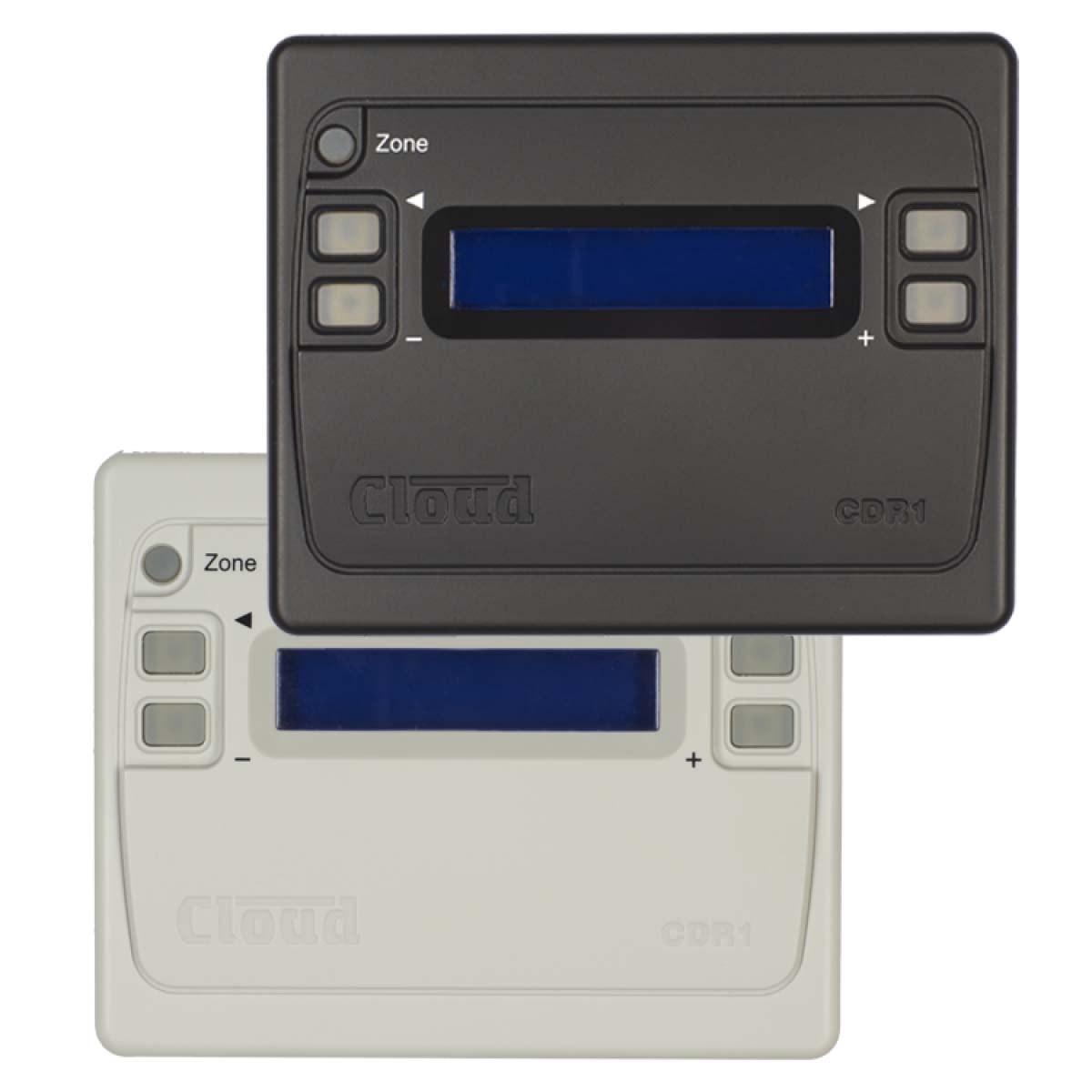 Cloud CDR-1B Surface-Mount Zone Remote Control Panel – Black Cloud CDR-1B surface-mount zone control panel in black finish, with white version shown alongside