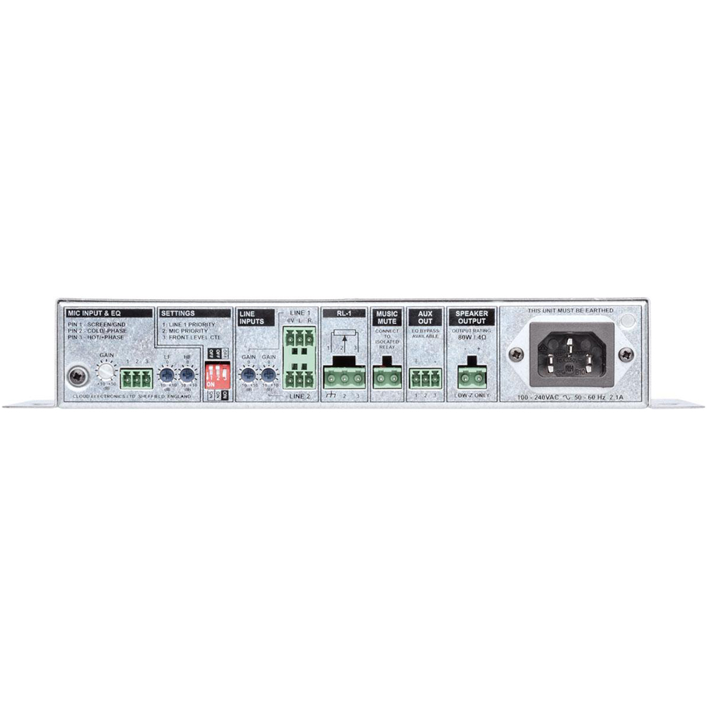 Cloud MA80 – 80W Mini Amplifier (Rear Connections) Rear panel of the Cloud MA80 mini amplifier, showing mic input and EQ, line inputs, RL-1 remote terminal, music mute, aux out, and speaker output.