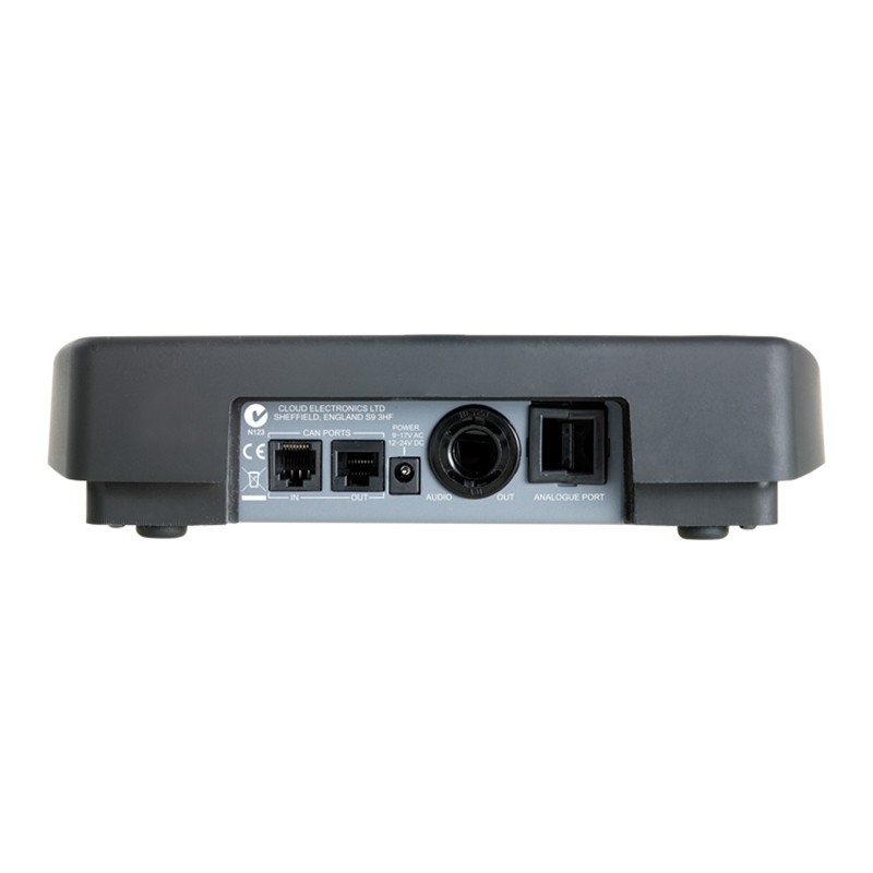 Cloud PM12EK Twelve-Zone Digital Paging Mic with Analogue Interface – Rear Connections Rear connection panel of the Cloud Electronics PM12EK twelve-zone digital paging microphone with analogue interface.
