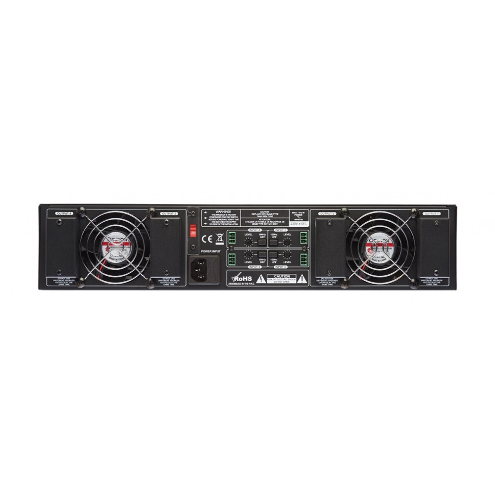 Cloud VA4120 Contractor Series 4-Channel Power Amplifier – Rear Panel View Rear panel of the Cloud VA4120 Contractor Series 4-channel power amplifier, showing twin cooling fans, speaker output terminals, and IEC power inlet.