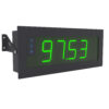 Wall-mounted large digit LED numeric display in green, showing a four-digit reading with a wall bracket and side control buttons.