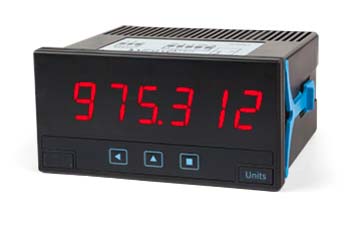 FEC60 digital flow meter with red LED display and configurable unit scaling.