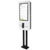 Floor-standing 27-inch self-service kiosk on twin-post stand, showing an order summary screen with integrated card reader and receipt printer.