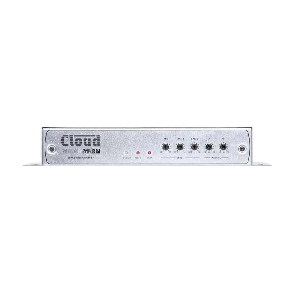 Cloud Electronics MA80 80W Mini Mixer Amplifier Cloud Electronics MA80 compact mini amplifier, showing microphone, line, and EQ level controls on the front panel, made in Britain.