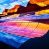 Large sculptural curved LED display installation showing a wave-like desert canyon scene across multiple flowing, undulating panel sections.