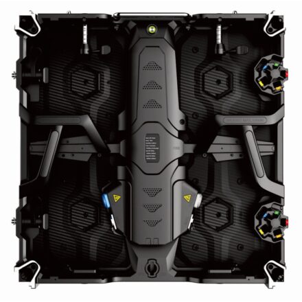 Straight-on rear view of an SP Series rental cabinet LED panel, showing rigging clamps and cable connectors.