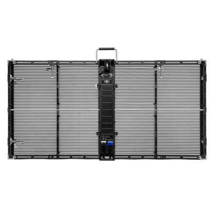 Rear view of a WLR Series transparent LED screen module, showing the mesh structure, mounting hardware and control housing.