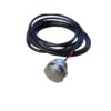 Stainless steel push button switch with a flush, non-illuminated button face, supplied with a pre-wired 2 metre cable, used for triggering interactive media playback.