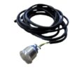 Stainless steel push button switch with a pre-wired 2 metre cable, used for triggering interactive media playback.