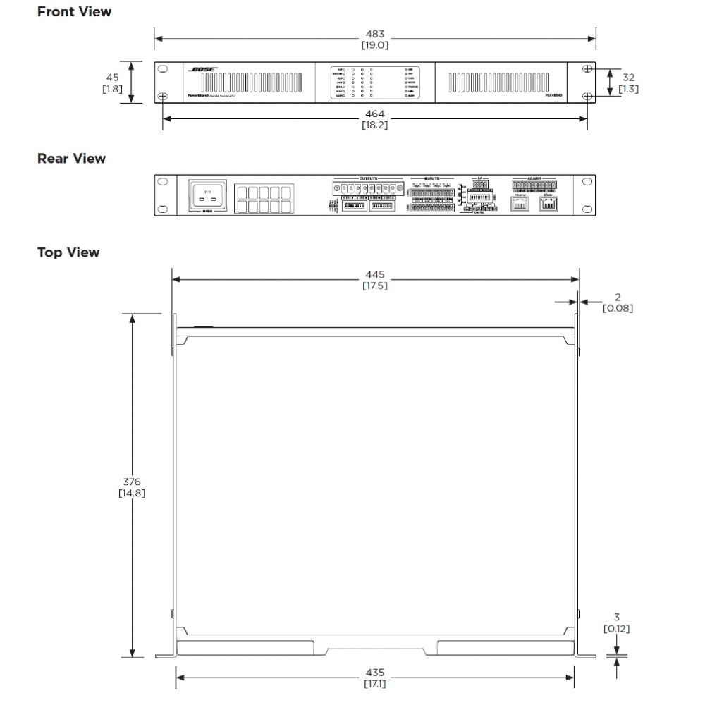 Bose PowerShareX PSX2404D – Mechanical Dimensions Mechanical dimensions drawing of the Bose PowerShareX PSX2404D power amplifier, showing front, rear, and top views.