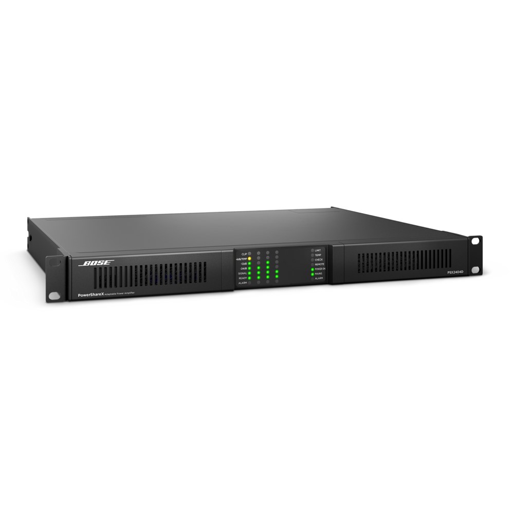 Bose PowerShareX PSX2404D – 2400W Power Amplifier Bose PowerShareX PSX2404D four-channel power amplifier in a space-saving 1RU rack-mount design.