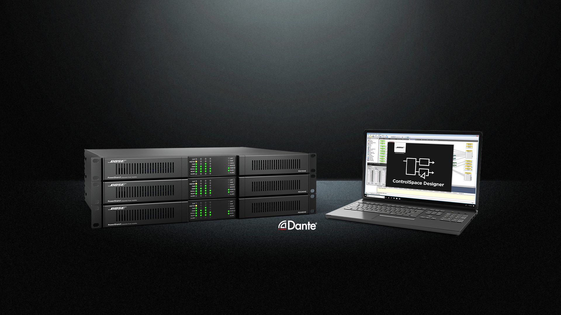 Rack-mounted Bose PowerShareX smart power amplifiers with Dante networking, shown alongside a laptop running ControlSpace Designer software.