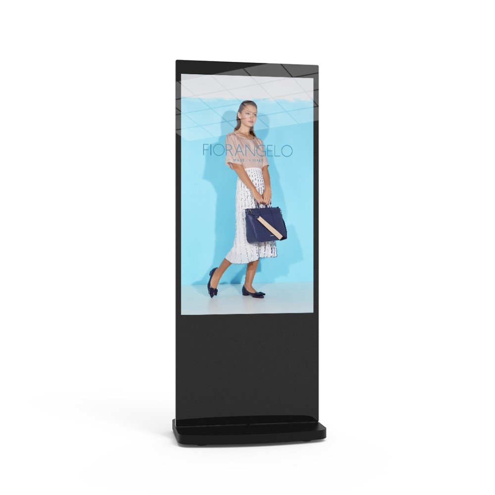 LCL50HDT – 50″ Touchscreen Freestanding Digital Poster, Black Black 50-inch touchscreen freestanding digital poster displaying a fashion brand advertising campaign.