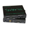 Composite view of the Sprite 4K triggered media player, showing product branding, front USB and micro SD ports, and rear connection panel.