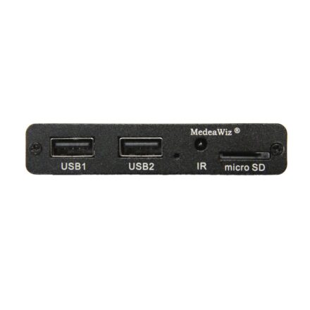 Front connection panel of the Sprite 4K UHD media player, showing dual USB ports, IR receiver, and micro SD slot.