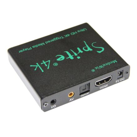 Angled view of the Sprite 4K triggered media player casing, showing product branding and rear connection ports.