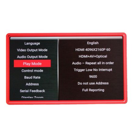 On-screen setup menu of the Sprite 4K UHD media player, showing video output, play mode, and control settings.