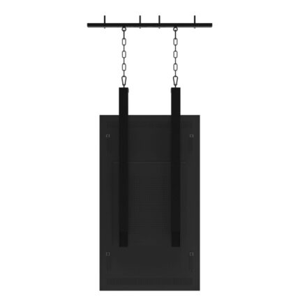 Rear view of a black steel hanging ceiling mount with two chain drops, supporting a portrait-oriented digital display.