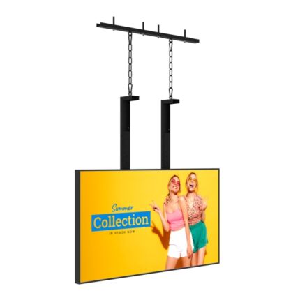 Front view of a landscape digital display suspended from a black steel hanging ceiling mount, showing a summer collection advert.