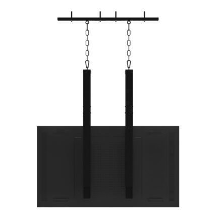 Rear view of a black steel hanging ceiling mount with two chain drops, supporting a landscape-oriented digital display.