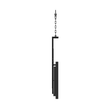 Side profile of a black steel hanging ceiling mount bracket with adjustable chain, for suspending commercial digital displays.