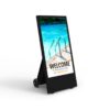 43-inch outdoor battery-powered digital A-board on wheels, displaying a welcome message for a swimming pool venue.