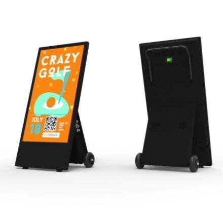 Front and rear view of a 43-inch outdoor battery-powered digital A-board display on wheels, shown displaying a promotional advert.