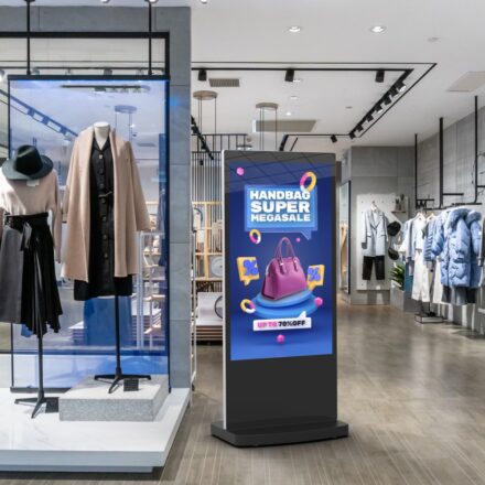 Network-enabled 65-inch 4K Android freestanding digital poster in a fashion boutique, displaying a handbag sale promotion.