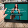 Interactive POS touchscreen in a clothing store displaying a seasonal fashion campaign with a watch video prompt.