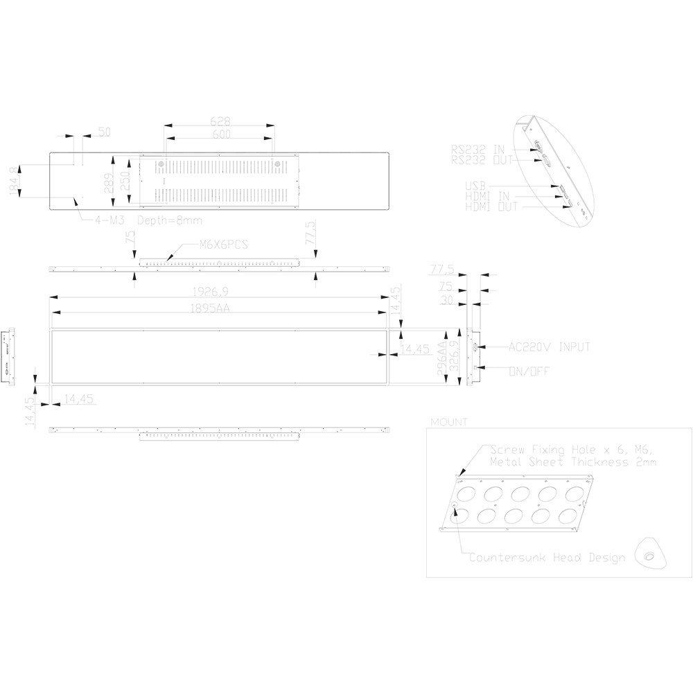 LCWS76M Ultra-Wide Stretched Bar Display – Technical Dimension Drawing Technical dimension drawing of the LCWS76M ultra-wide stretched bar display, showing chassis measurements, rear connectivity layout and wall mounting hole pattern.