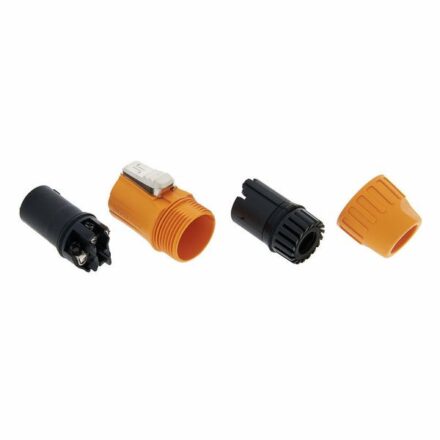 Disassembled IP65 waterproof power‑in connector components, showing orange housing, black locking sleeve, and chrome contact block, for outdoor LED display power cabling.