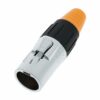 Open end of IP65 waterproof RJ45 data connector showing internal socket contacts, chrome housing and orange cable boot.