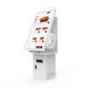 Compact 22-inch PCAP self-service kiosk with angled screen, displaying a fast food ordering menu with integrated receipt printer.
