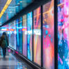 Shoppers walking past a row of large-format vibrant digital displays showing abstract colourful artwork in a busy retail concourse.