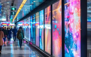 Shoppers walking past a row of large-format vibrant digital displays showing abstract colourful artwork in a busy retail concourse.