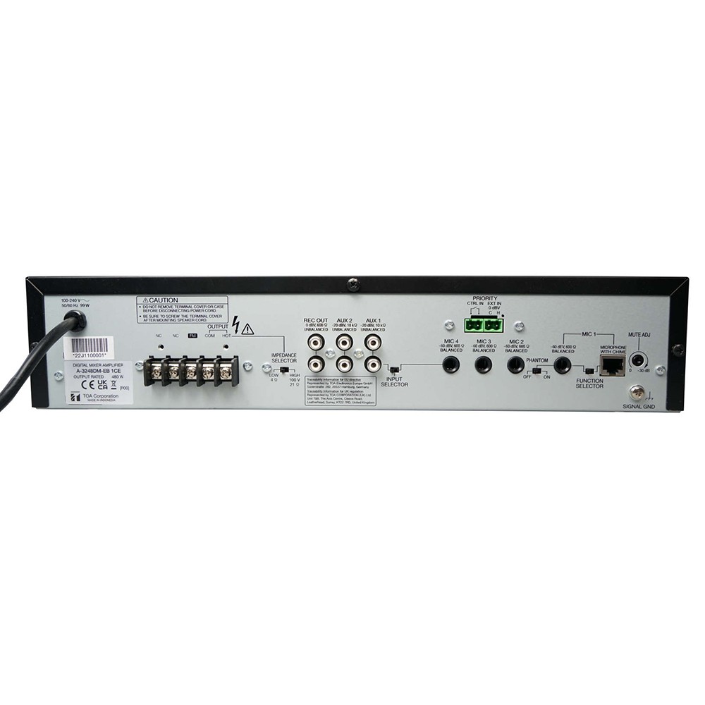 A-3248DM – 480W Digital Mixer Amplifier Rear Panel View Rear panel of a digital mixer amplifier, showing input connectors, priority control terminals, and impedance selector.