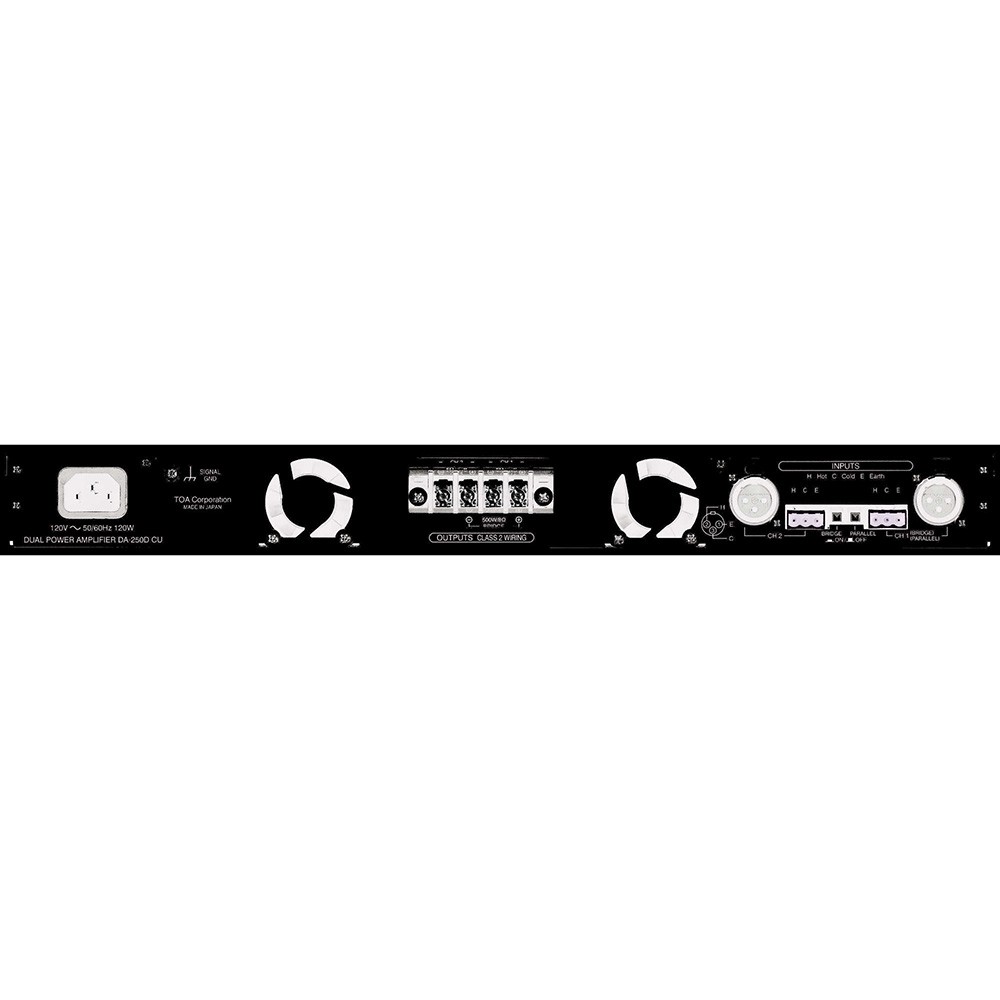 DA-250D 2-Channel Digital Power Amplifier – Rear Panel View Rear panel of a 2-channel digital power amplifier, showing the IEC mains input, terminal block outputs, XLR balanced inputs, and rack-mount rear supports.