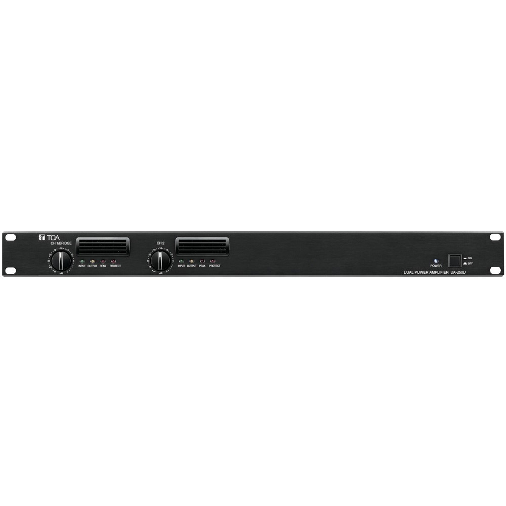 TOA DA-250D 2-Channel Low-Impedance Power Amplifier – 250W Front panel of the TOA DA-250D 2-channel digital power amplifier, showing two independent level controls with input, output, peak, and protect indicators.