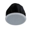 Rear/angled view of a TOA F-1522SC ultra-compact ceiling speaker, fitted with a dust-proof bag over its shallow back can.