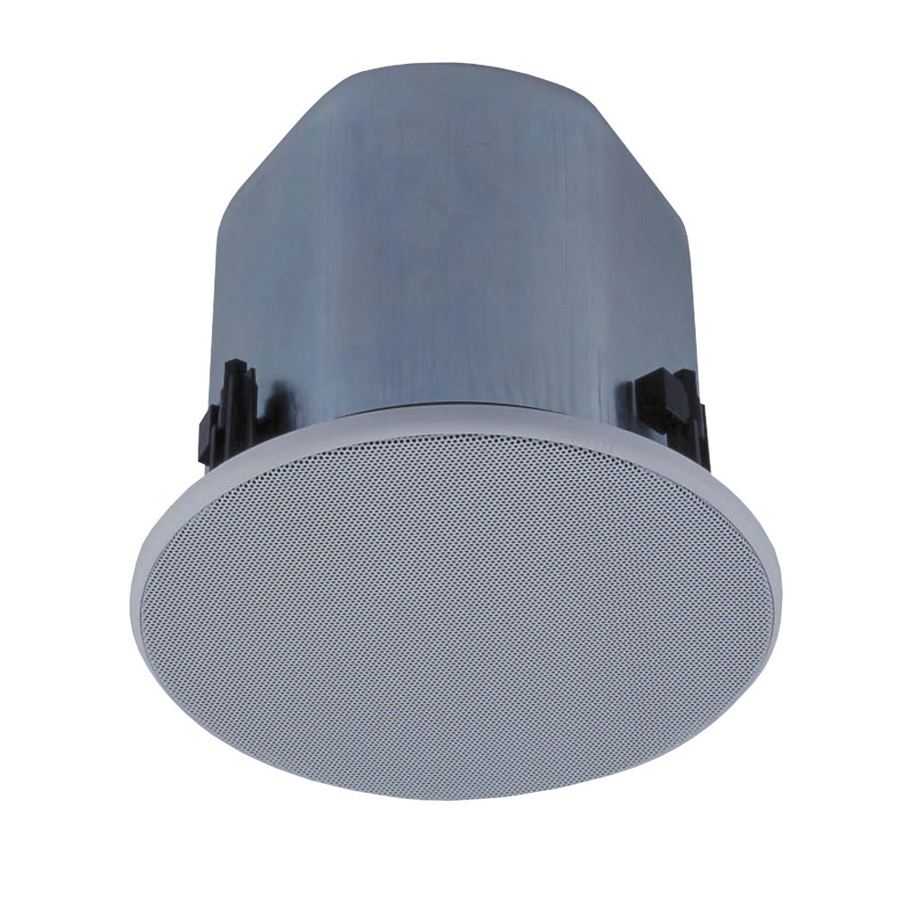 TOA F-2322C 30W Full-Range Ceiling Speaker Rear/angled view of a TOA F-2322C wide dispersion ceiling speaker, showing its metal back can and mounting clips ahead of the white grille.