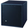 Black cubic subwoofer with a punched steel grille and TOA logo, for indoor low-frequency reinforcement.