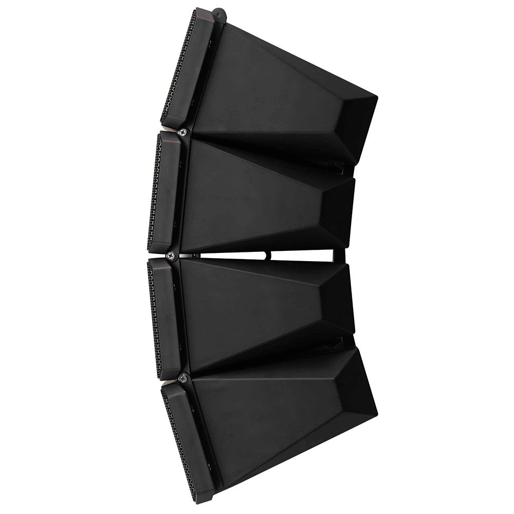 HX-7B – Variable Dispersion Line Array Speaker (Black) Front view of a four-module black variable dispersion line array speaker, angled with a curved dispersion setting.