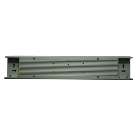 Rear view of ultra-wide shelf-edge digital display panel showing ventilation grille and directional connector arrows at each end.