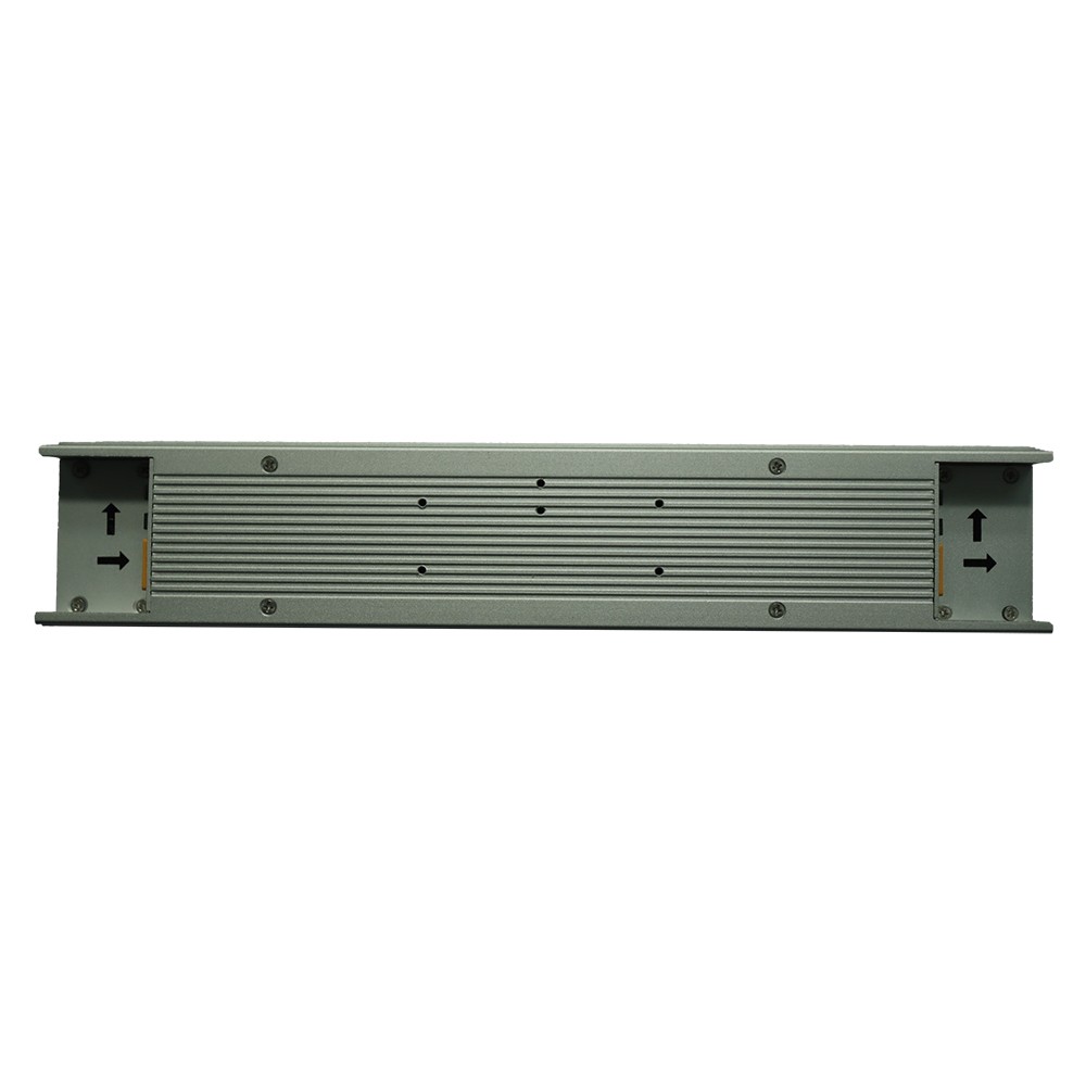 Shelf Display – Rear View with End Connectors Rear view of ultra-wide shelf-edge digital display panel showing ventilation grille and directional connector arrows at each end.