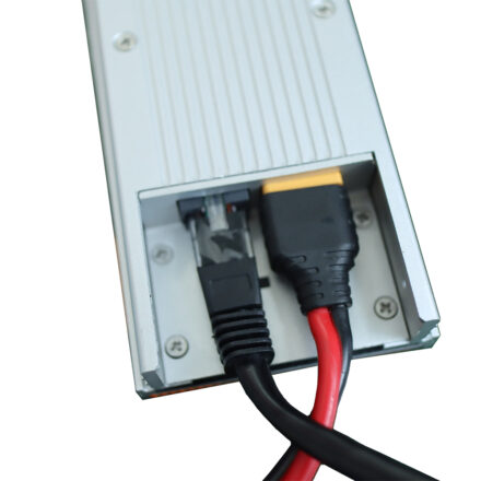 Shelf-edge digital display end connector with power cable and data connector attached, ready for installation.