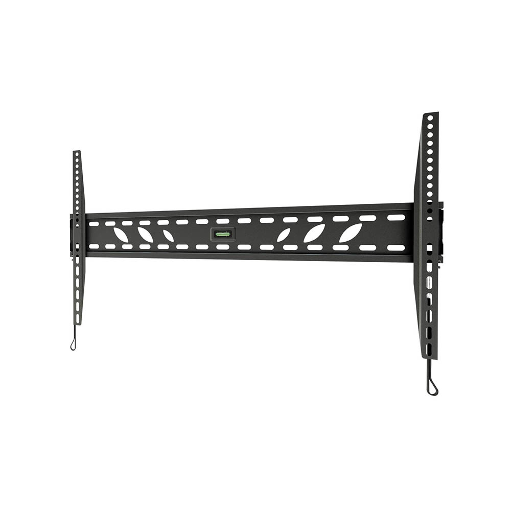 LC1048F Fixed Wall Mount – Low-Profile Bracket with Built-In Spirit Level Alternative Text LC1048F fixed wall mounting bracket, showing two vertical rails, a slim horizontal frame with leaf-shaped cut-outs, and a built-in spirit level.