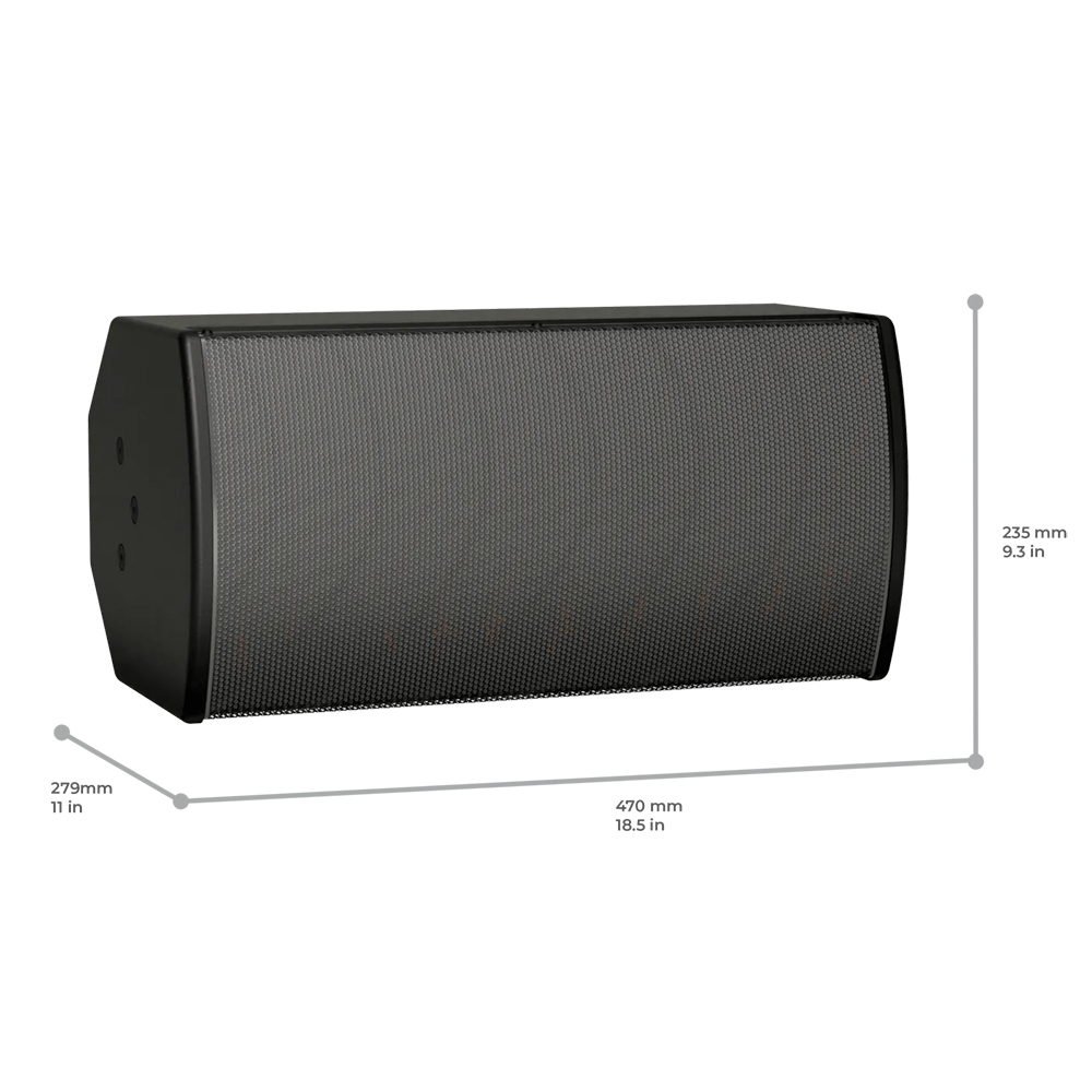 Bose ArenaMatch Utility AMU108-120 – Black, 120° Coverage Loudspeaker Bose ArenaMatch Utility AMU108-120 loudspeaker in black, shown with dimension lines indicating a 470 mm wide, 235 mm high, 279 mm deep enclosure.