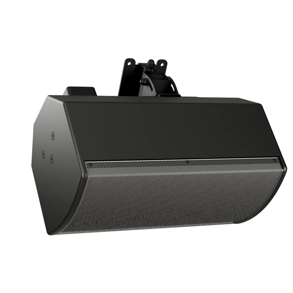 Bose ArenaMatch Utility AMU108-120 – Black, Mounted with Pan-and-Tilt Bracket Bose ArenaMatch Utility AMU108-120 loudspeaker in black, shown fitted with a surface-mount pan-and-tilt bracket, illustrating angled ceiling installation.