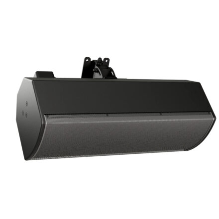 Bose ArenaMatch AMU208-120 loudspeaker in black, shown fitted with a surface-mount pan-and-tilt bracket, illustrating angled ceiling installation.