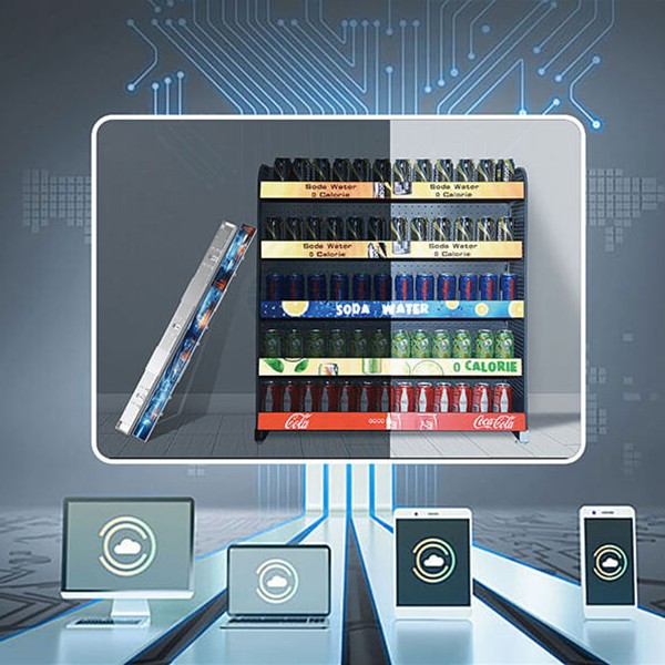 MiniCOB LED Shelf-Edge Display – Retail Application MiniCOB LED shelf-edge display mounted above a beverage display, illustrated with cloud-based content management graphics.